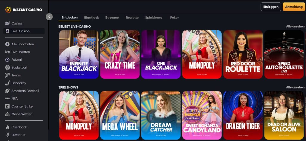 Webseite aviator Casinos, Instant Casino, mit verschiedenen Werbeaktionen, Navigationsoptionen und farbenfrohen Bannern für Boni und Turniere.