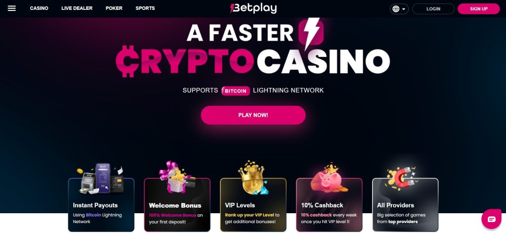 Eine Webseite für das Krypto-Casino Betplay, das Bitcoin und das Lightning Network unterstützt. Spieler profitieren von sofortigen Auszahlungen, einem 100% Willkommensbonus, VIP-Level mit zusätzlichen Vorteilen, wöchentlichen 10% Cashback-Aktionen und einer breiten Auswahl an Spielen führender Anbieter. Die Oberfläche ist klar strukturiert mit gut sichtbaren Anmelde- und Login-Schaltflächen.